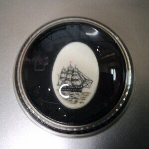 Vintage 1950s Sailing Ship Heavy Glass Dome Paperweight White Etched Disk